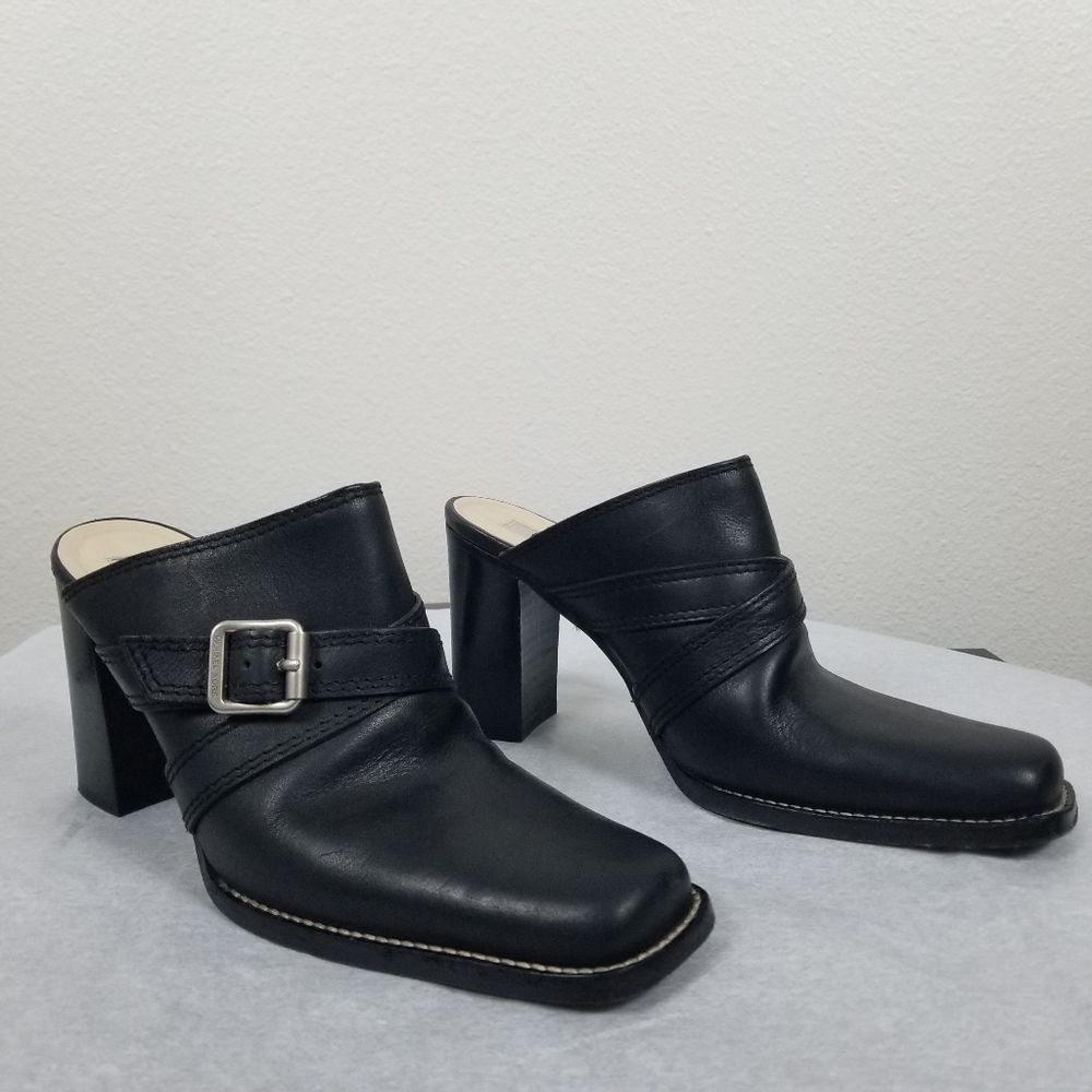 Michael Kors Y2K Block Heel Square Toe Black Italian Leather Moto Mules Size 7